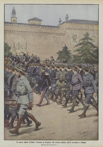 Den nya milisen i Italien, civilklädda volontärer på militärtidningen i november II i Milano av Achille Beltrame