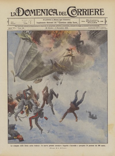 Den tyska flygflottans olyckor, det nya kraftfulla Zeppelin-luftskeppet synkar och kraschar? av Achille Beltrame