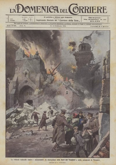 De tyska segrarna mot monumenten, förstörelsen av tempelherrarnas torn och katedralen i Nieuport av Achille Beltrame