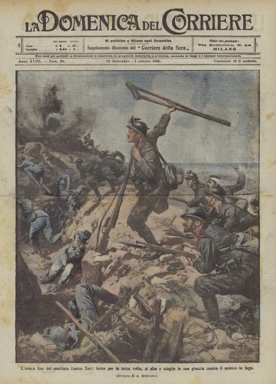 Heroiskt slut på den stympade Enrico Toti, skadad för tredje gången, reser sig och kastar sin egen? av Achille Beltrame