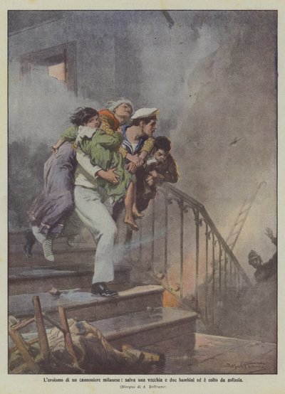 En milanesisk artillerists hjältemod, han räddar en gammal kvinna och två barn och grips av kvävning av Achille Beltrame
