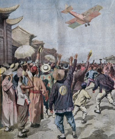 Löjtnant Arturo Ferrarin, deltagare i Rom-Tokyo raid, anländer och visar sig över Shanghais himmel, illustration av Achille Beltrame från La Domenica del Corriere, 16 maj av Achille Beltrame