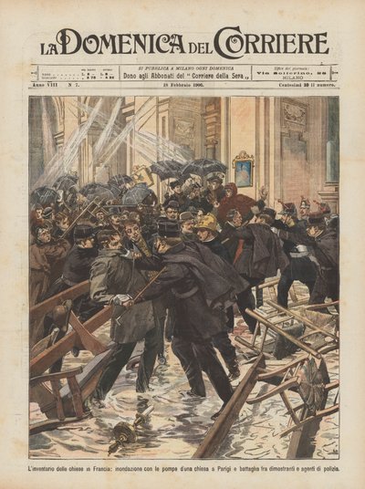 Inventeringen av kyrkor i Frankrike, översvämningar av kyrkpumpar i Paris och strid? av Achille Beltrame