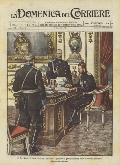Tsaren Nicolo Lukasesignaturen som rör förbättringsprojektet för imperiets institutioner av Achille Beltrame