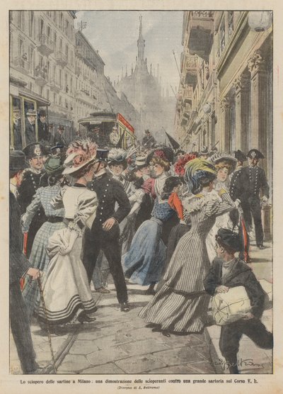 Skräddarstrejken i Milano, en demonstration av de strejkande mot en stor skräddarbutik på Corso V E av Achille Beltrame