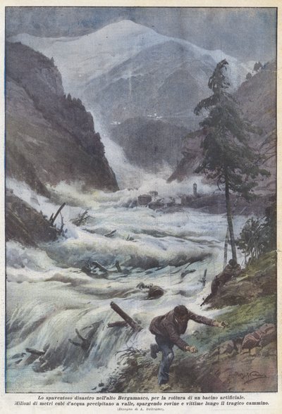 Den skrämmande katastrofen i övre Bergamo-området, på grund av brottet i en konstgjord bassäng av Achille Beltrame