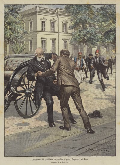 Dödande av presidenten för det grekiska ministeriet, Delyannis, i Aten av Achille Beltrame