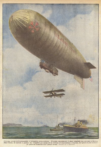Det senaste inom flygteknik, det flygplansbärande luftskeppet av Achille Beltrame