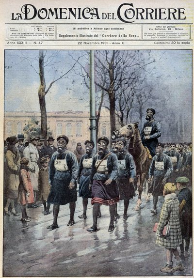 Mars anordnad i Warszawa för att träna befolkningen i användningen av gasmasker - ritning av A. Beltrame, i "" la Domenica del Corriere"" av 1931-11-22 av Achille Beltrame
