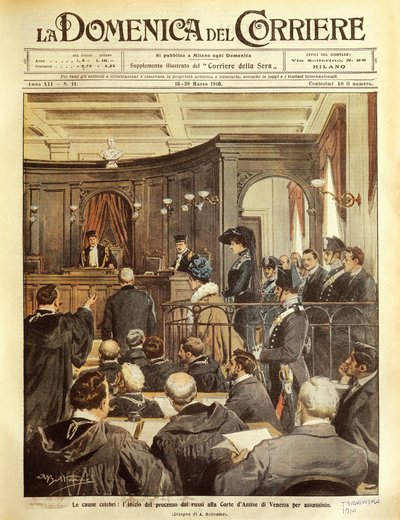 Maria Tarnowska på rättegång i Venedig, av Achille Beltrame, illustration, illustratör Achille Beltrame (1871-1945), från La Domenica del Corrier av Achille Beltrame