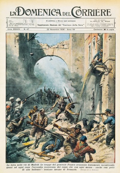 Närstrid på gator i Madrid under spanska inbördeskriget, Achille Beltrame (1871-1945), från La Domenica del Corriere, 22 november av Achille Beltrame