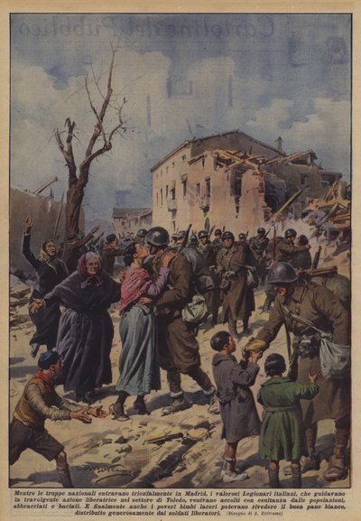 Medan de nationella trupperna triumferande gick in i Madrid, de tappra italienska legionärerna? av Achille Beltrame