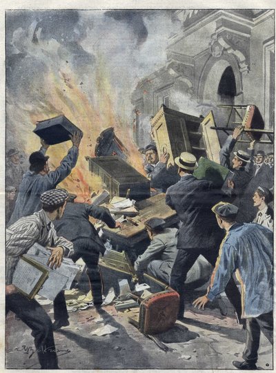 Midi-vinkrisen 1907: vinmakare satte eld på stadshuset i Beziers (Herault). Illustration av Achille Beltrame från 1907. av Achille Beltrame