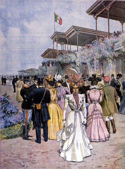 Milano: hästkapplöpning på San Siro kapplöpningsbana: utdelning av handelspriset (Premio del commercio). Illustration av Beltrame. Domenica del corriere. 1899. av Achille Beltrame