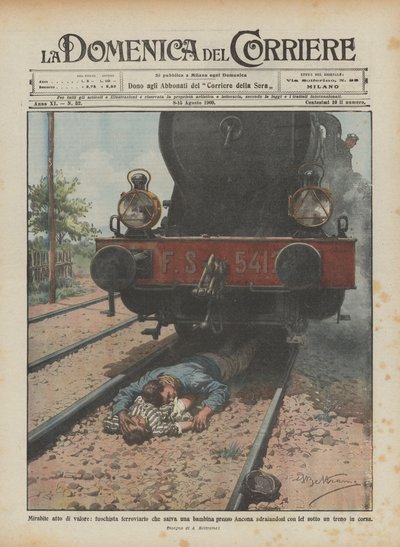 Beundransvärd tapperhet, järnvägsförare som räddar en liten flicka nära Ancona genom att ligga ner med? av Achille Beltrame