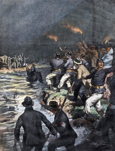 Mirakulös räddning av åkare blockerade på en ö vid floden Serio nära Bergamo - Illustration av Beltrame i "La Domenica del Corriere"" 10/1909 av Achille Beltrame