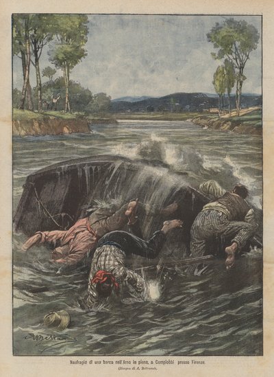 Skeppsbrott av en båt i den översvämmade Arno, vid Compiobbi nära Florens av Achille Beltrame