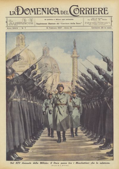 I Militiens XIV Annual passerar hertugen bland musketörerna som hälsar honom av Achille Beltrame