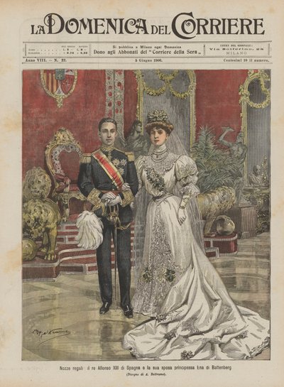 Kungligt bröllop, kung Alfonso XIII av Spanien och hans brud prinsessan Ena av Battenberg av Achille Beltrame