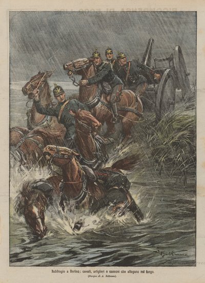 Storm i Berlin, hästar, skyttar och kanoner som drunknar i leran av Achille Beltrame