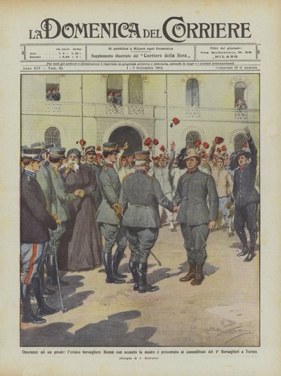 Heder till en modig, heroisk bersagliere Benna med sin mor bredvid sig och presenterad för sina medsoldater? av Achille Beltrame