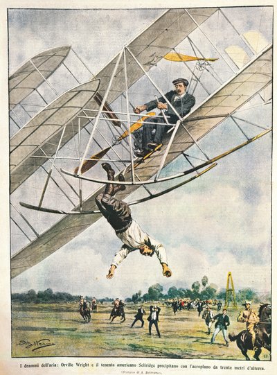 Orville Wright och löjtnant Seliridge störtar med biplan från trettio meter, USA, illustration av Achille Beltrame från La Domenica del Corriere, 11 oktober av Achille Beltrame