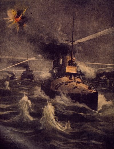 Våra torpedbåtar gör vågat intrång i Dardanellesundet under fiendens eld, av Achille Beltrame (1871-1945), illustration från La Domenica del Corriere av Achille Beltrame