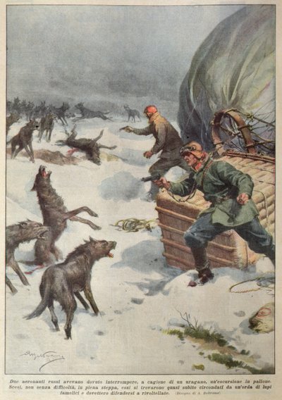 Vargflockar attackerar besättningen på en grundstött rysk luftballong, illustration från "La Corriere della Sera". av Achille Beltrame