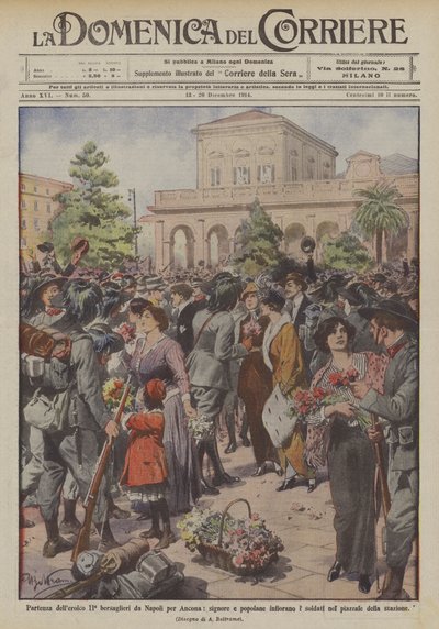 Avgång av den heroiska ll ° bersaglieri från Neapel för Ancona, damer och allmoge blomma soldaterna? av Achille Beltrame
