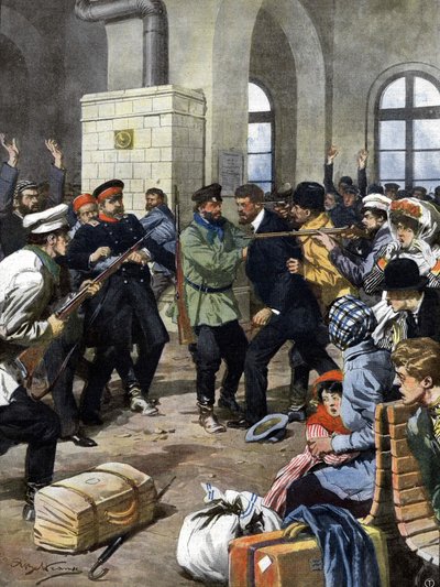 Passagerare attackerades på en järnvägsstation i Europa av rånare och rånades i väntrummet. Ill. de Beltrame. La Domenica del Corriere. 07/1909. av Achille Beltrame