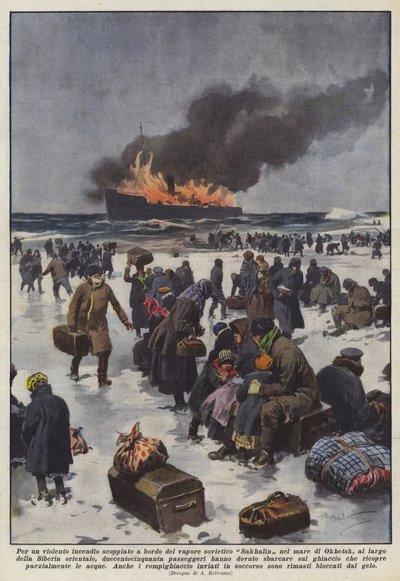 För en våldsam brand som bröt ut ombord på den sovjetiska ångbåten Sakhalin i Okhotskhavet? av Achille Beltrame