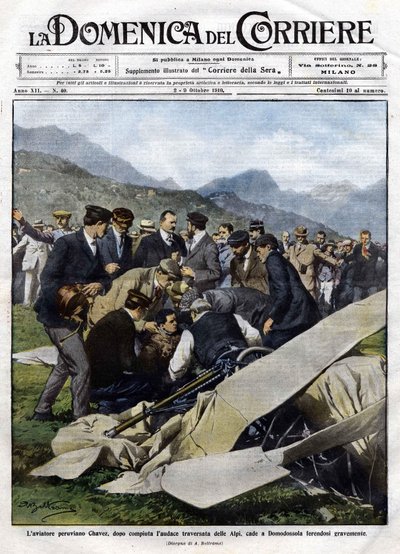 Den peruanske flygaren Chavez kraschade efter sin vågade korsning av Alperna i Domodossola med allvarliga skador. Illustration av Beltrame. 1910-02-10. La Domenica del Corriere. av Achille Beltrame