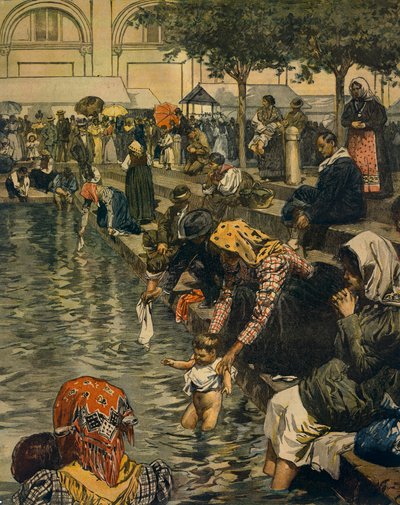 Pilgrimsfärd till Caravaggio: Bad i mirakulösa vatten, av Achille Beltrame (1871-1945), från La Domenica del Corriere av Achille Beltrame