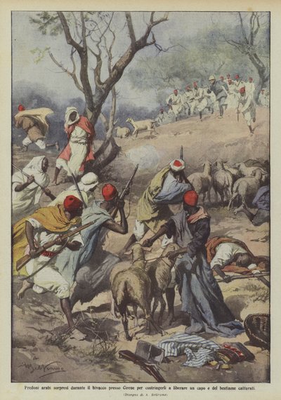Arabiska anfallare överraskade under bivacken nära Cyrene för att tvinga dem att befria en ledare och av? av Achille Beltrame