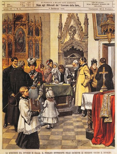 Offentlig underskriftsframställning mot skilsmässa i sakristi, av Achille Beltrame, illustration, illustratör Achille Beltrame (1871-1945), från La Domenica del Corriere, 9 februari 1902 av Achille Beltrame