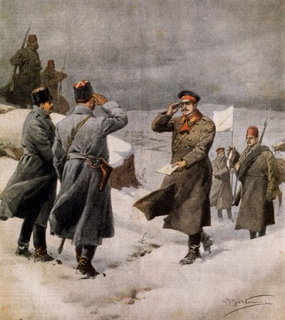 Återupptagande av kriget, turkisk parlamentsledamot anländer till bulgariskt läger med ett meddelande om vapenstilleståndets slut, av Achille Beltrame (1871-1945), illustration från La Domenica del Corriere, 9 februari. av Achille Beltrame