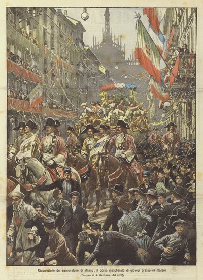 Resurrection of the Milano carnovalone, den maskerade kursen på fastetorsdagen (9 mars) av Achille Beltrame