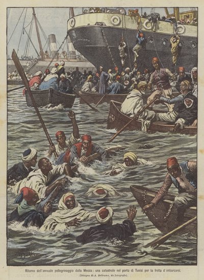 Återkomst av den årliga pilgrimsfärden från Mecka, en katastrof i hamnen i Tunis på grund av brådskan att gå ombord av Achille Beltrame