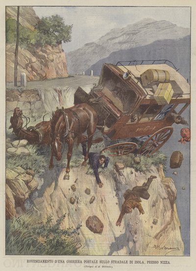 Vältning av en postbuss på vägen till Isola, nära Nice av Achille Beltrame