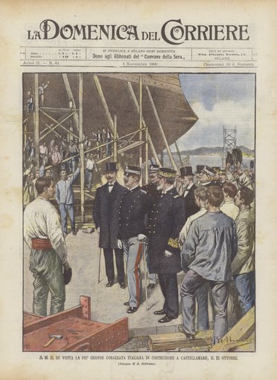 S M Il Re besöker det största italienska slagskeppet under konstruktion i Castellamare den 23 oktober av Achille Beltrame