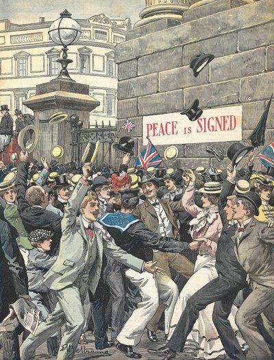 Andra boerkriget. Meddelande om slutet på kriget på Londons gator. Illustration av Antonio Beltrame. "Kurirens Domenica" av Achille Beltrame
