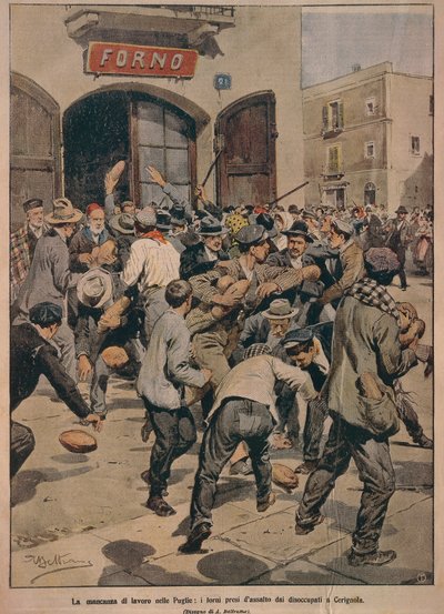 Allvarlig arbetsbrist i Apulien, ugnar som stormas av Cerignolas arbetslösa, av Achille Beltrame, illustration, Illustratör Achille Beltrame (1871-1945), från La Domenica del Corriere, 20 december 1908 av Achille Beltrame