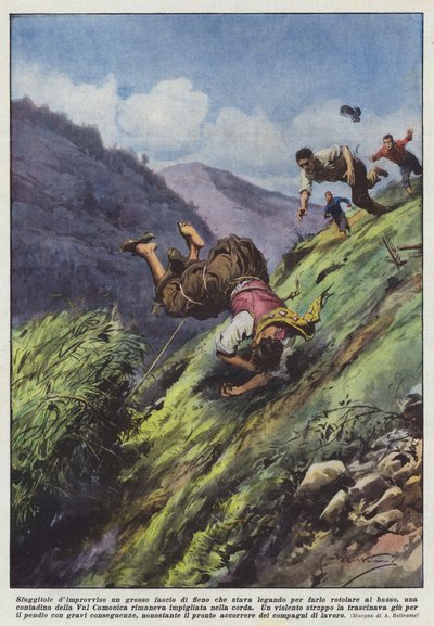 Flydde henne plötsligt en stor bunt hö som hon knöt för att rulla ner den? av Achille Beltrame