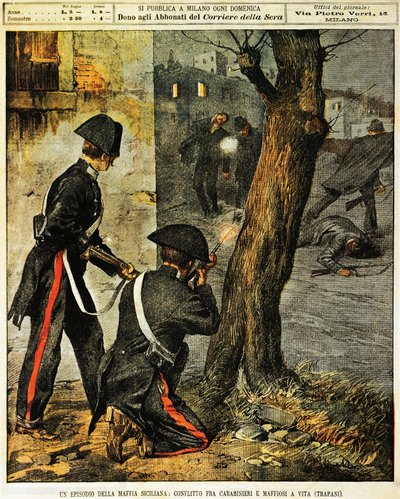 Siciliansk maffiahändelse, Strid mellan carabinieri och maffiagangsters i Trapani, av Achille Beltrame, illustration, illustratör Achille Beltrame (1871-1945), från La Domenica del Corriere, 31 december 1899 av Achille Beltrame
