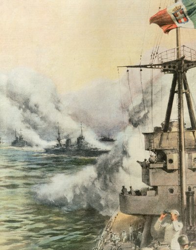 Italiensk konvoj, sedd av fiendens flygplan, släpper rökridå för att skydda fartyg, av Achille Beltrame (1871-1945), illustration från La Domenica del Corriere, 8 augusti av Achille Beltrame