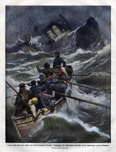 Förlisning av en italiensk båt utanför Toscana 1910. illustration av Achilles Beltrame av Achille Beltrame