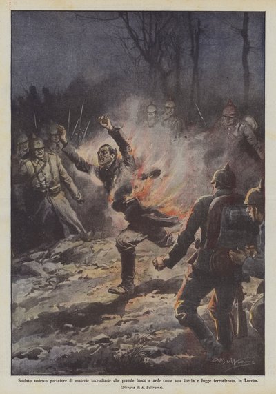 Tysk soldat som bär brandmaterial som tar eld och brinner som en fackla och flyr? av Achille Beltrame
