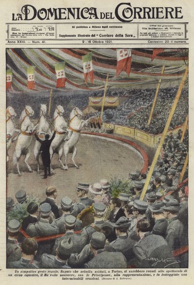 Soldater tittar på uppträdande hästar på en cirkus i Turin av Achille Beltrame
