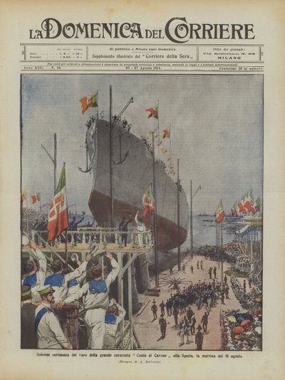 Högtidlig ceremoni för sjösättningen av det stora slagskeppet Conte di Cavour i La Spezia, på morgonen den 10 augusti av Achille Beltrame