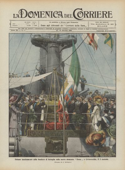 Högtidlig hissning av stridsflaggan på det nya slagskeppet Roma i Civitavecchia, den 3 nuvarande av Achille Beltrame